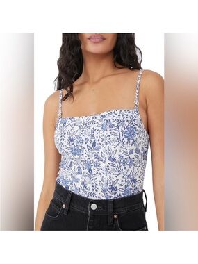 Free People White and Blue Floral Square-Neck Cami